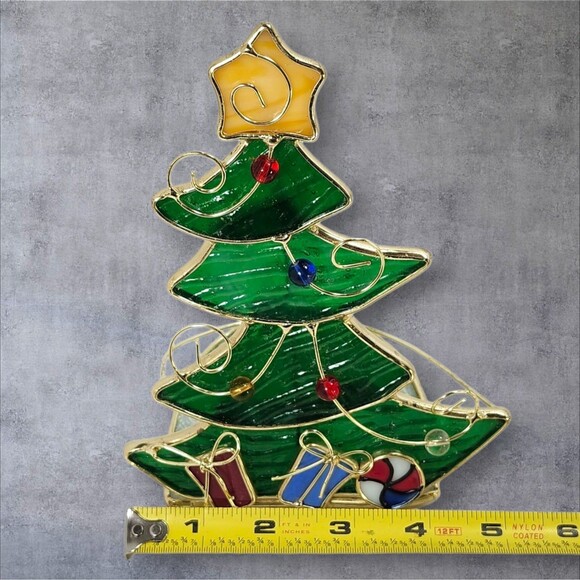 Vintage Stained Glass Christmas Tree Tea Light Candle Holder 7" Holiday Decor - Picture 10 of 12